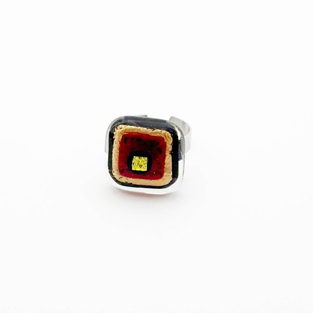Carmine Ring Glasschmuck eckig [rot, gold, schwarz]
