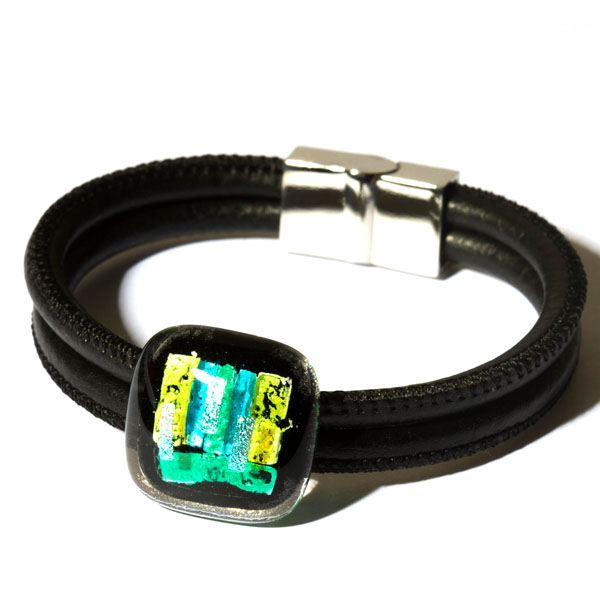 Armband Glas Schmuck eckig & Lederband [grün, blau]