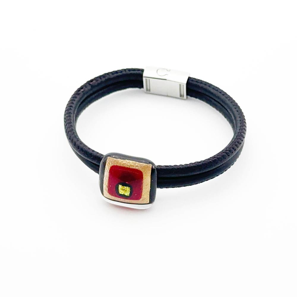 Carmine Armband Glasschmuck Leder eckig [rot, gold, schwarz]