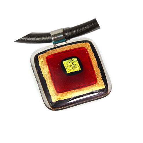 Anhänger Glas Schmuck eckig & Lederband [schwarz, rot, gold]