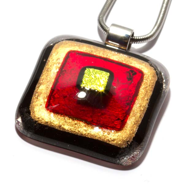 Anhänger Glas Schmuck eckig & Halskette [schwarz, rot, gold]